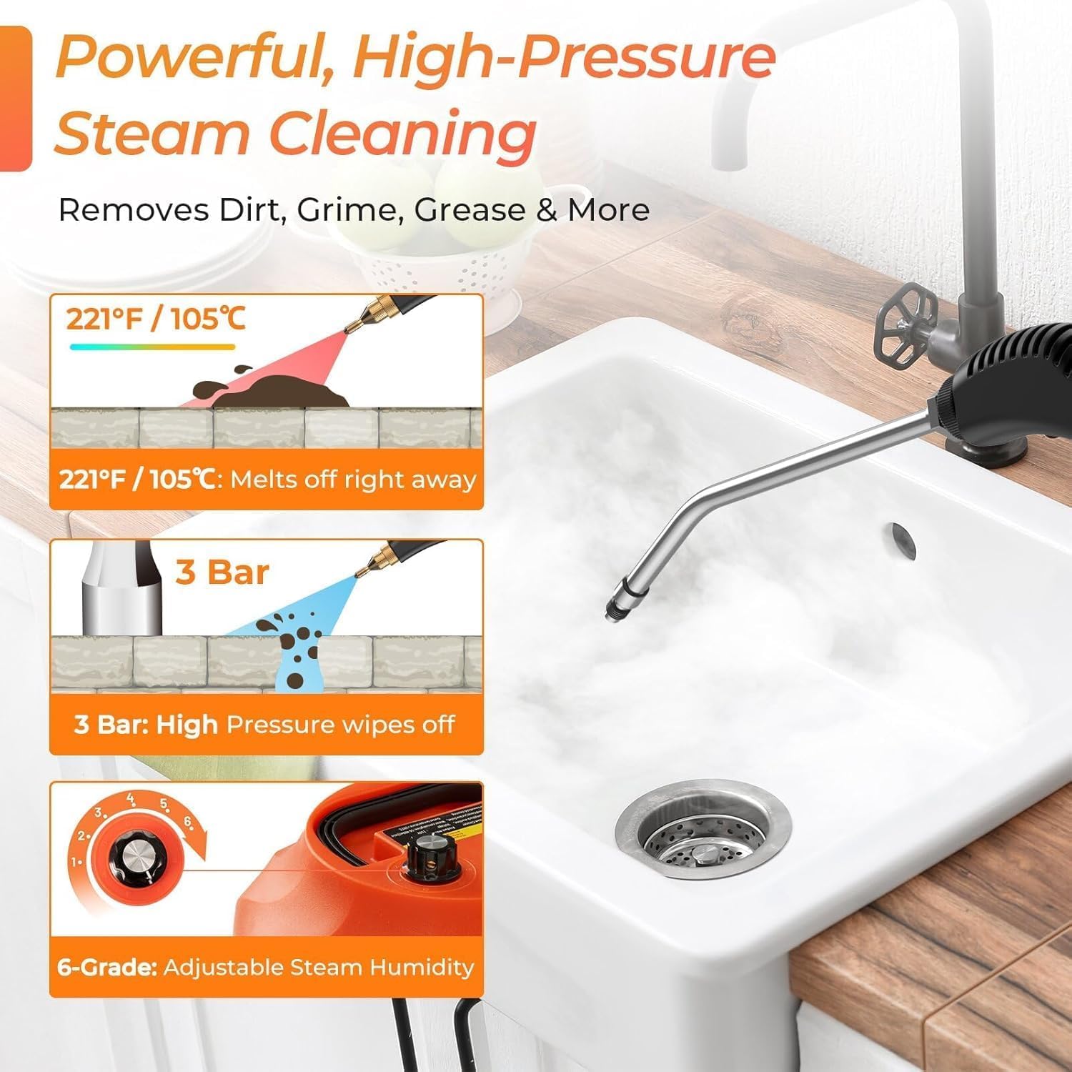 Handheld Steam Cleaner, 1500W Portable Steamer with 3 Brushes & 6 Adjustable Gears for Deep Cleaning