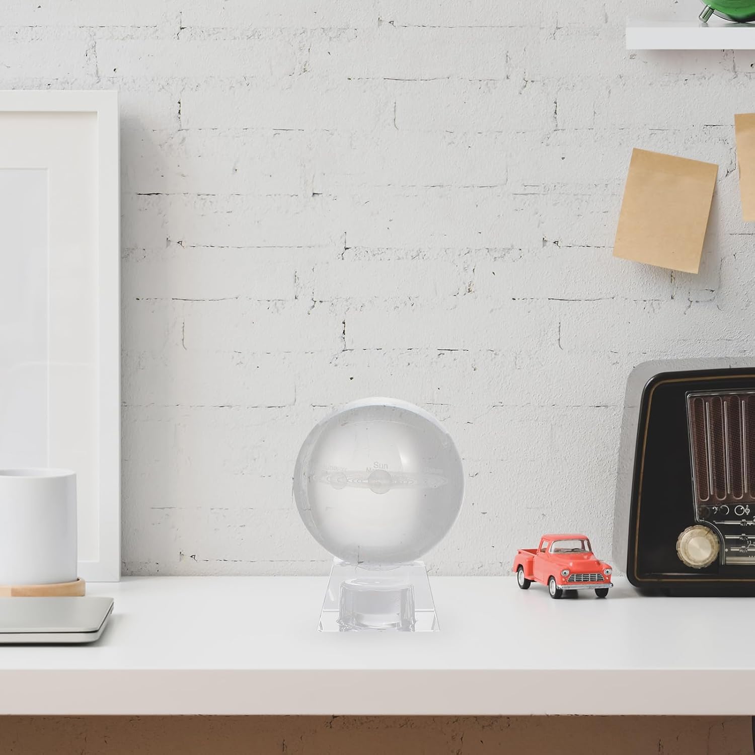 Cabilock 8cm Engraved Crystal Ball with Solar System Design, Rechargeable LED Light Base, Desktop Decor Sphere for Home and Office Decorative Accessory