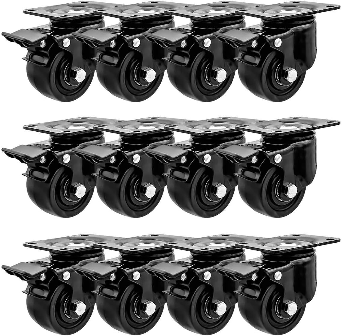 FactorDuty 2.5 inch Heavy Duty Polyurethane Caster Wheels with Total Locking Brake Double Ball Bearing Industrial Grade Solid Low Profile Smooth and Silent 6000LB Capacity Pack of 12