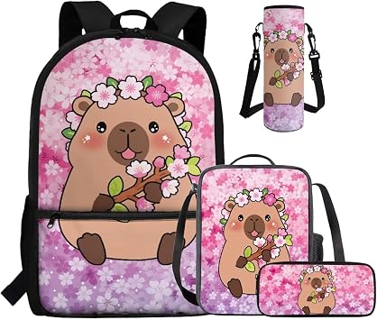 Cute Red Panda Backpack for Girls 6-8, 4 Piece Schoolbag Set with Insulated Lunch Bag Pencil Case and Water Bottle Holder 17 Inch Lightweight Bookbag for Elementary Primary School