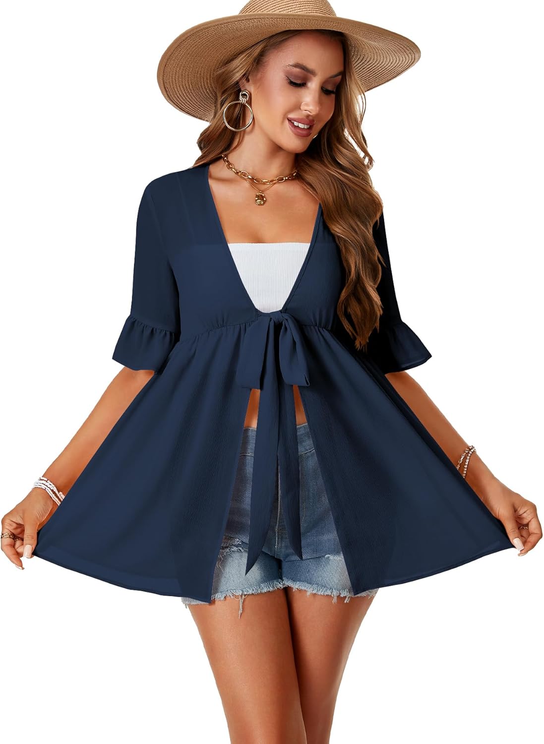 LYANER Women's V Neck Flounce Half Sleeve Tie Knot Front Coverup Beach Cardigan Blouse - Image 2