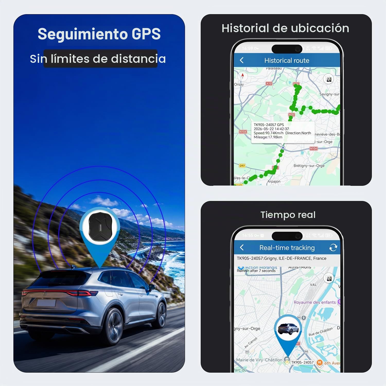 TKMARS Localizador GPS para Coche Sin Suscripción TK905 5000mAH Batería 90 Días de Espera Imán Antirrobo GPS Tracker con Seguimiento en Tiempo Real, Posicionamiento SMS, Rastreador con App Gratuita