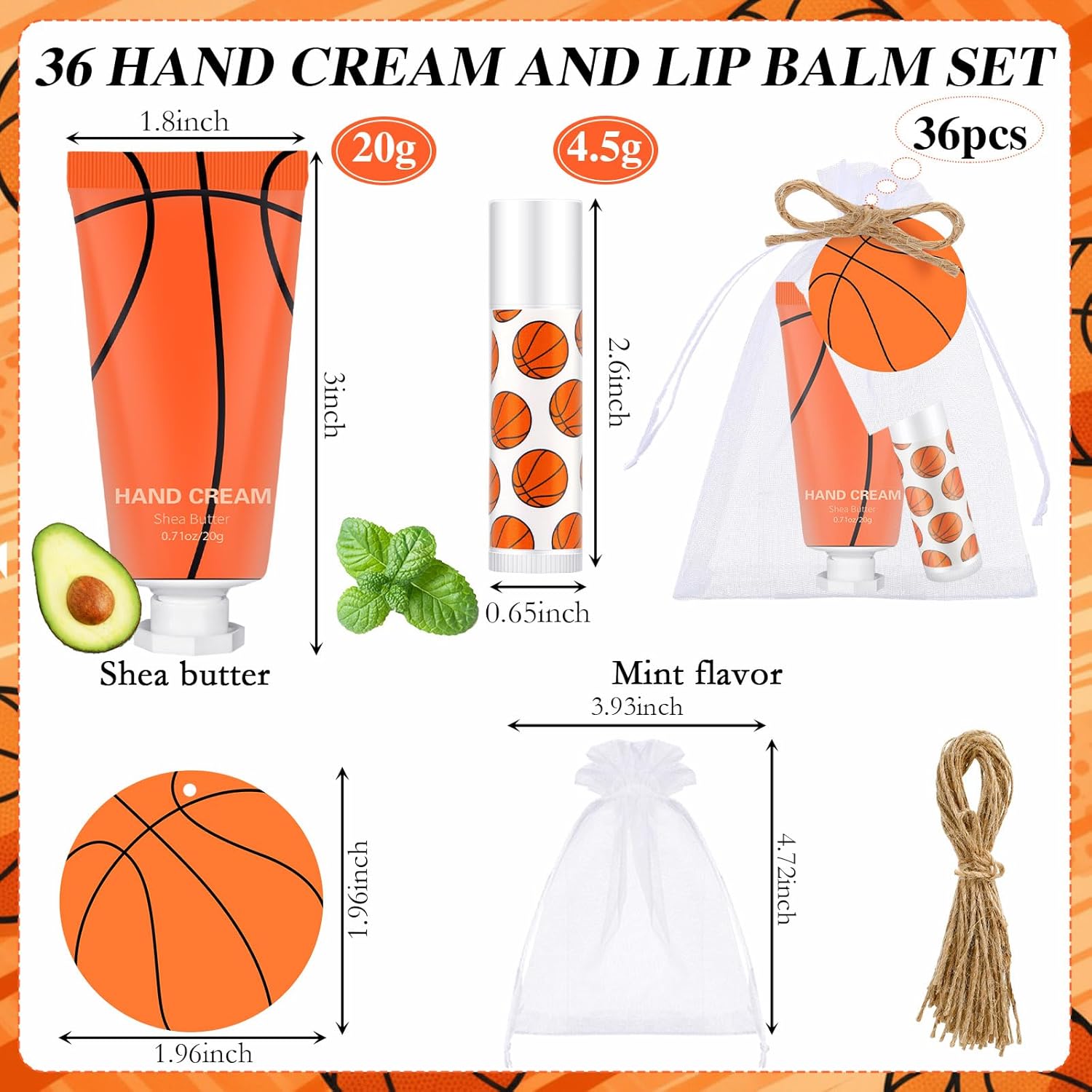 144 Pcs Basketball Lip Balm Hand Cream Set Party Favors, Include 36 Basketball Lip Balm 36 Moisturizing Hand Cream 36 Bags 36 Orange Gift Cards and Ropes for Man Women Accessories Gifts