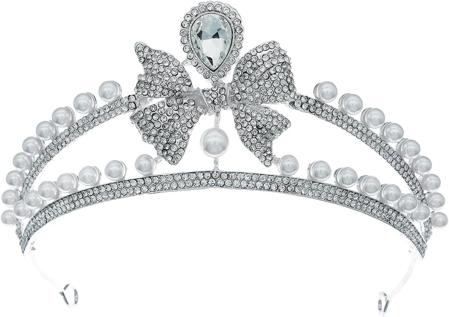Crystal Tiaras Bridal Jewelry Double Layer Pearl Crown Sweet Princess with Wedding Headdress Alloy Rhinestone Bow Crown for Birthday Prom Party