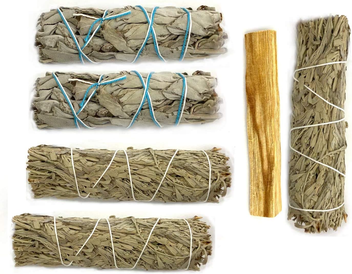 Smudge Kit Variety Pack - 3 Blue Sage of 4+ inches, 2 White Sage Smudge of 4+ inches, 1 Palo Santo Stick 3+ inch and Instructions