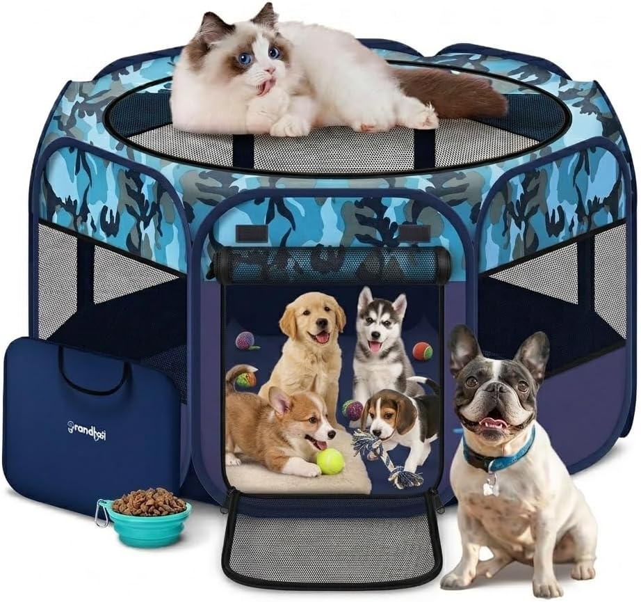 Foldable Pet Dog Playpen, 48“ Portable Indoor Outdoor Cat Playpen, Pop- Up Puppy Playpen Exercise Kennel Tent with Bowl, Water-Resistant Shade Cover for Home, Travel & Daily Use