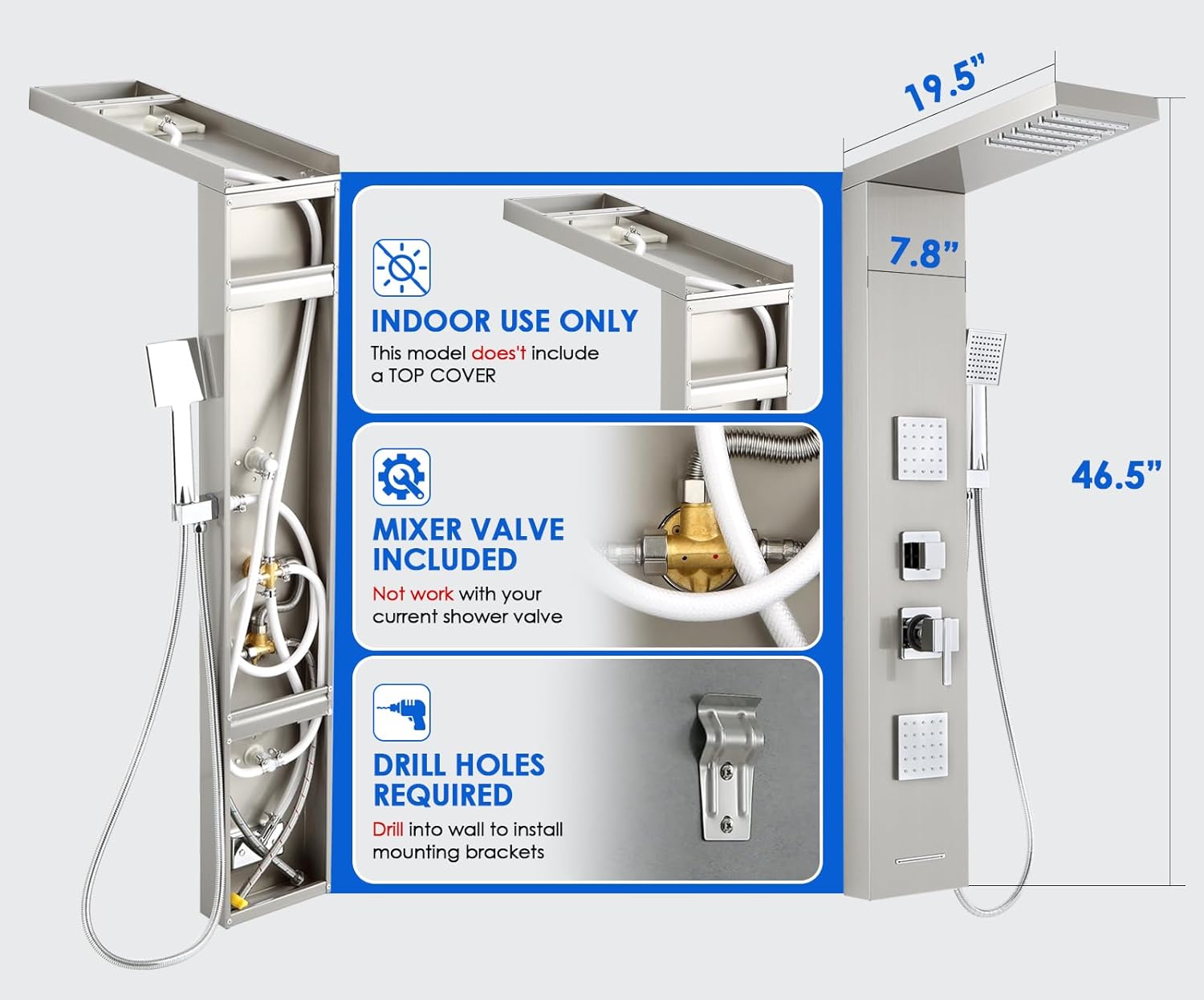 ROVOGO Shower Panel Tower System with High Pressure Shower Head, Body Jets, Handheld and Tub Spout, 46.5" Shower Column Stainless Steel with Mixer Valve, Brushed