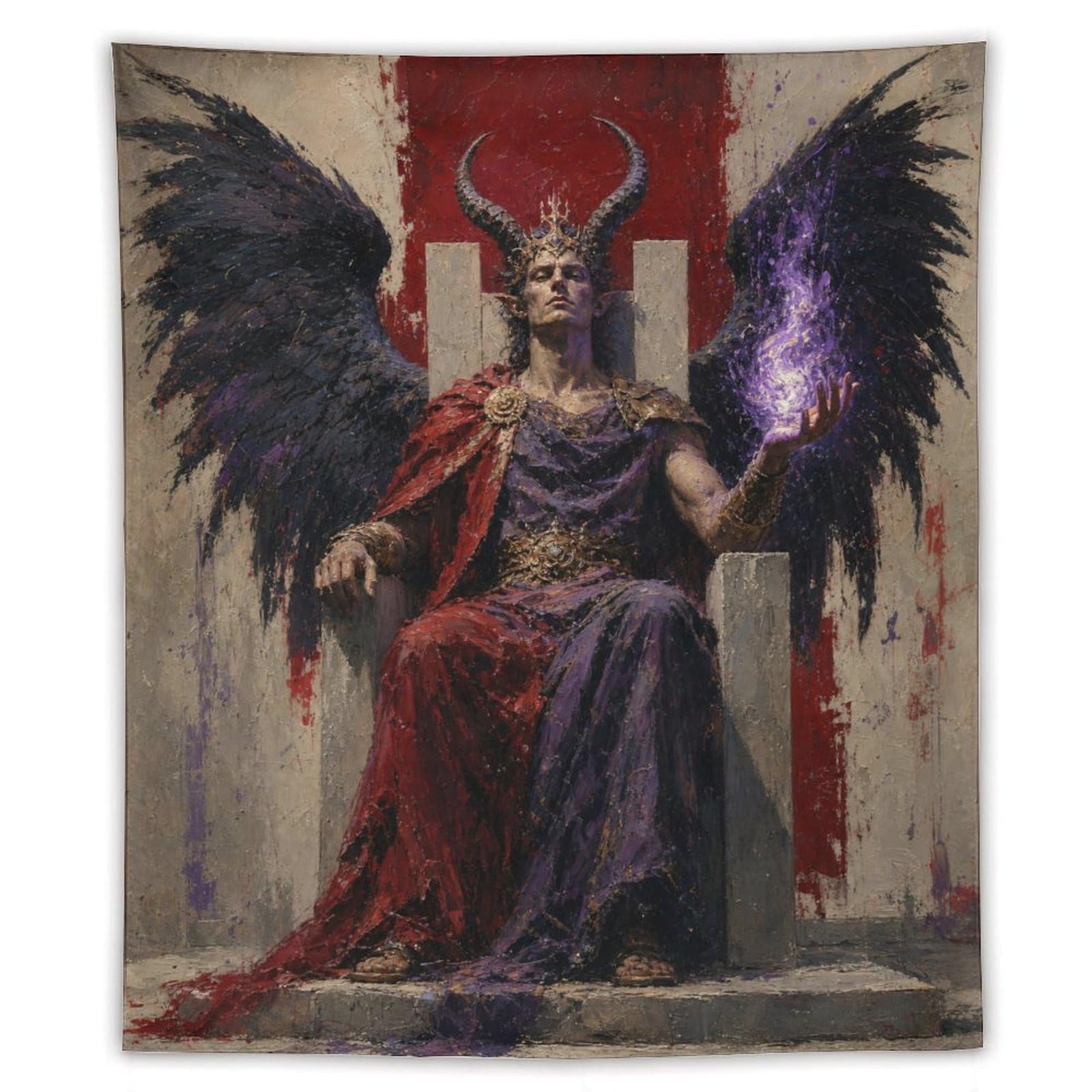 H3B8U2Y5 Dark Winged King on Throne Wall Tapestry, Fantasy Illustration