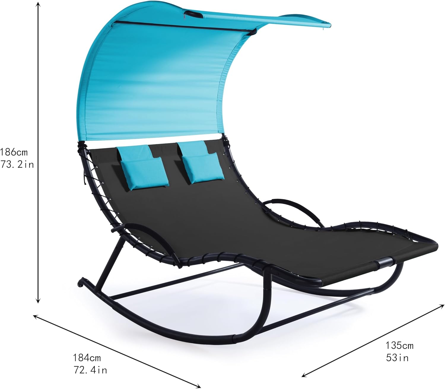 Kodia Outdoor Double Chaise Rocking Lounge Chair with Canopy, Steel Frame, Turquoise Cushions, 72x53x73 inches