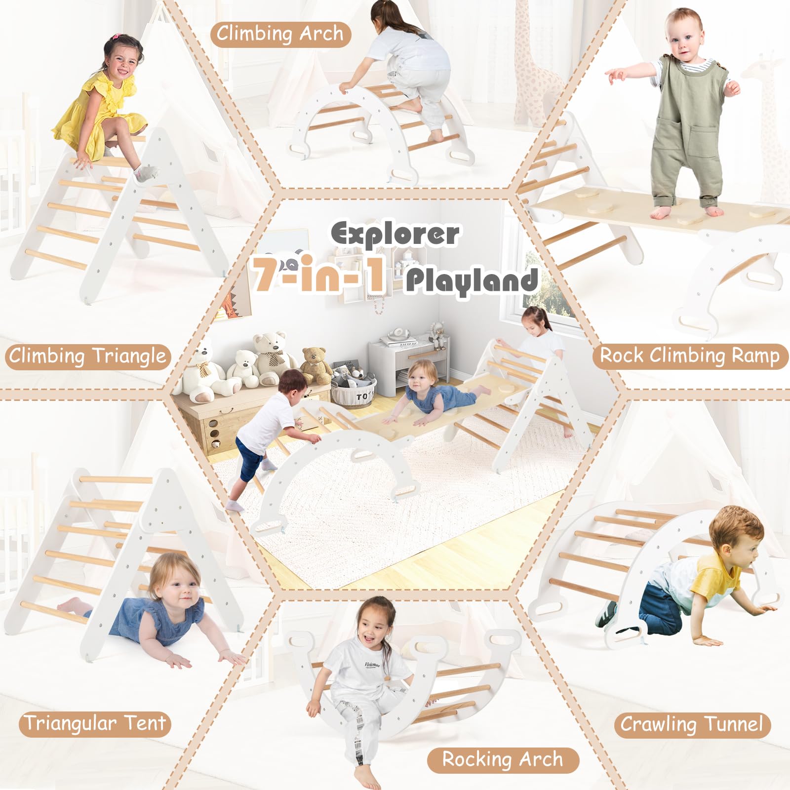 FANTASK 4 in 1 Klettergerüst mit rutsche, Kletterdreieck Holz inkl. doppelseitige Rampe & Kletterboge & Wippen, Sprossendreieck Spielplatz für Kinder ab 1 Jahr, Weiß