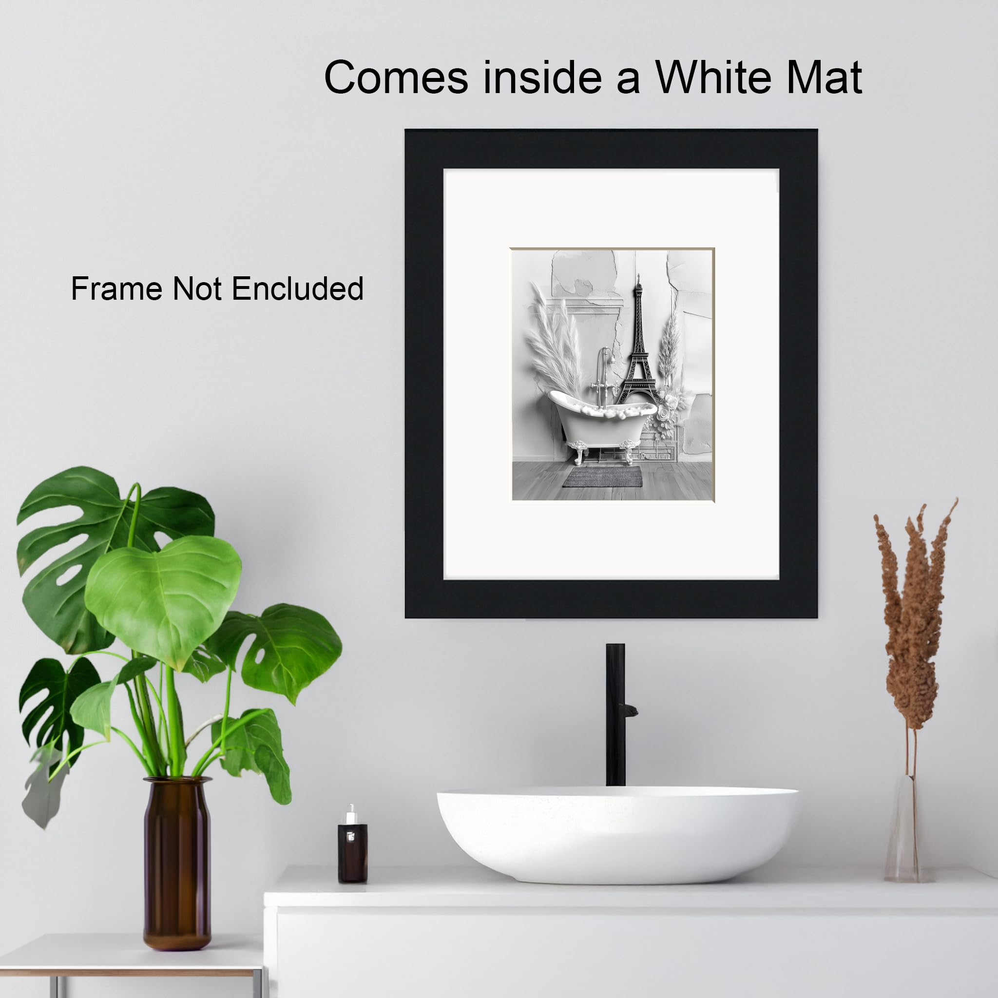 Black White Bathroom Wall Art, Paris Theme Bathroom Decor, Black White Matted Handmade Wall Art (Paris Them Bath)