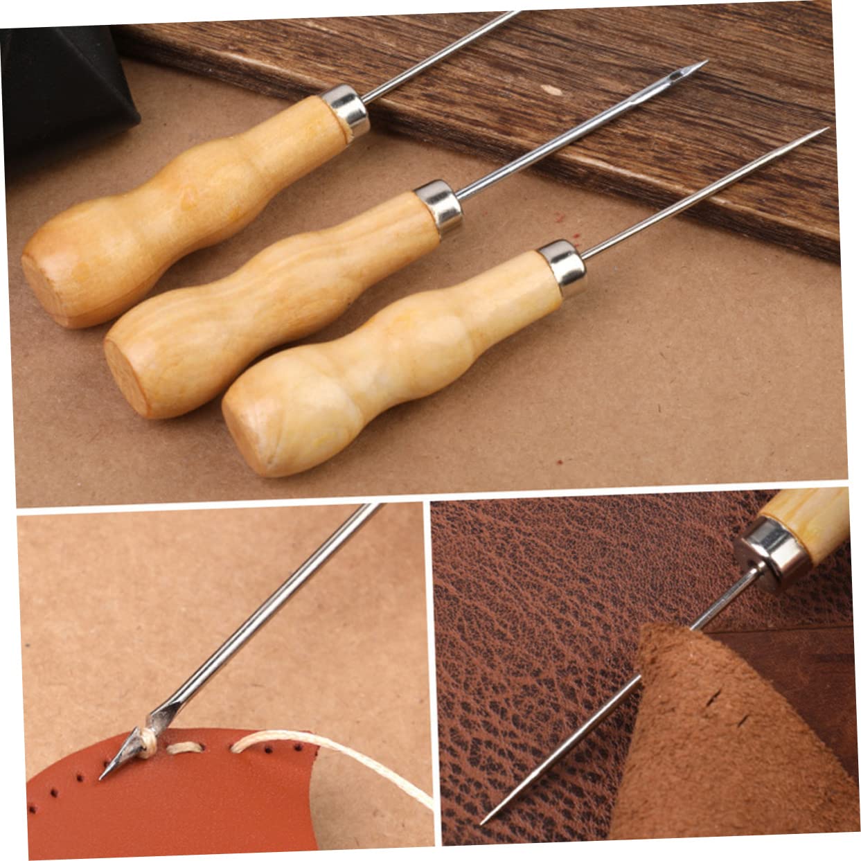 SEWACC 3pcs Manual Awl Wooden Handles Adjustable Hand Grip Tools for Wood Stitcher Sewing Perforating Leather Awls Leather Scratch Awls Wood Handle Scratch Awls Wooden Handle Prickers Pin