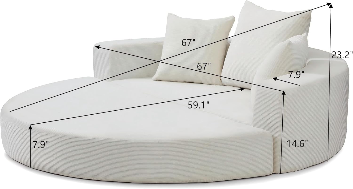 Modern Round Sofa Bed, Adjustable Multi-Functional Futon Lounger, Plush Corduroy Floor Couch for Small Space, No-Tools Assembly, Compact for Apartment & Office (Beige)