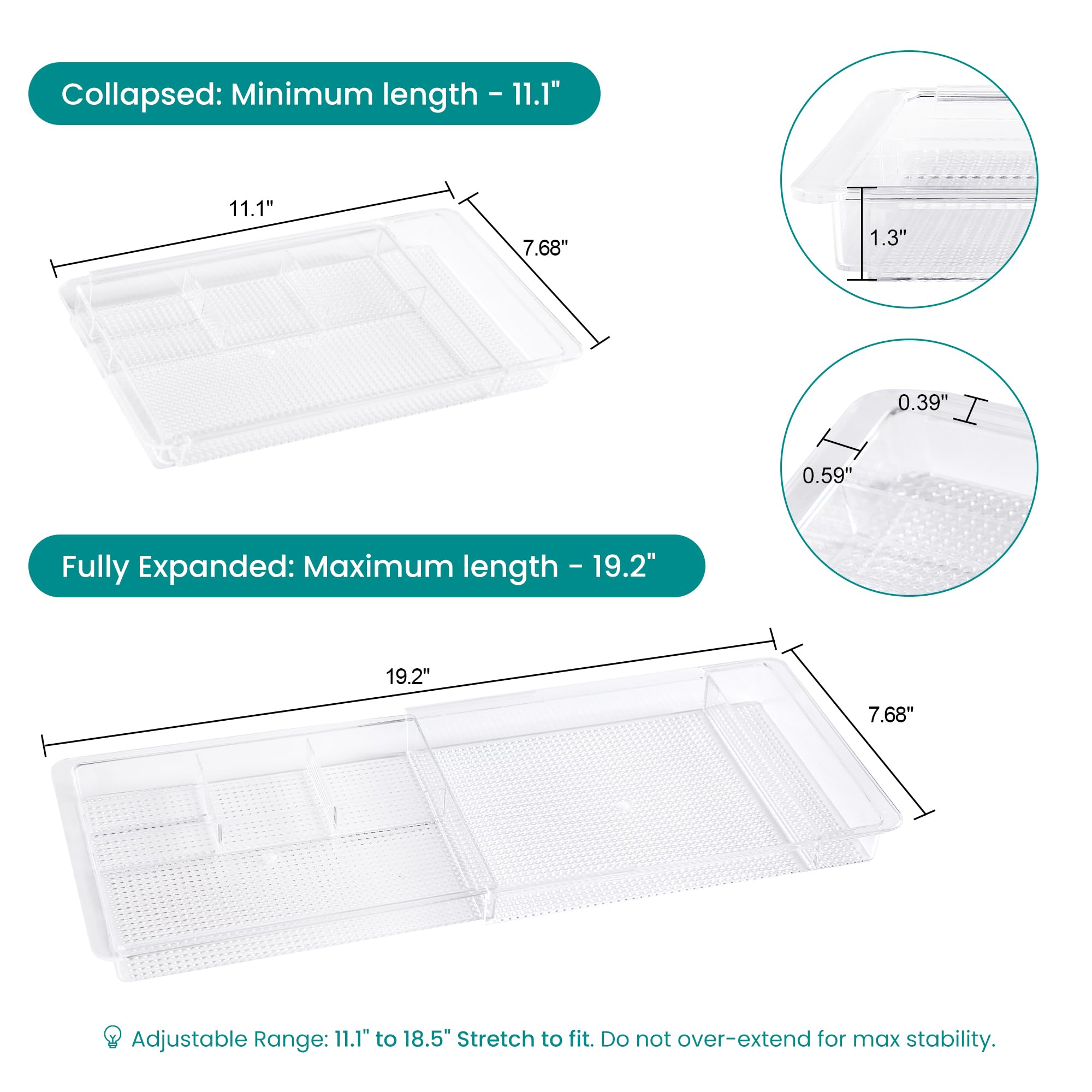 Oubonun Organizer espandibile per cassetti da 28,2 cm a 48,8 cm di larghezza, organizer per cosmetici poco profondo 3,3 cm di altezza, 2 confezioni, vassoi portaoggetti in plastica trasparente per