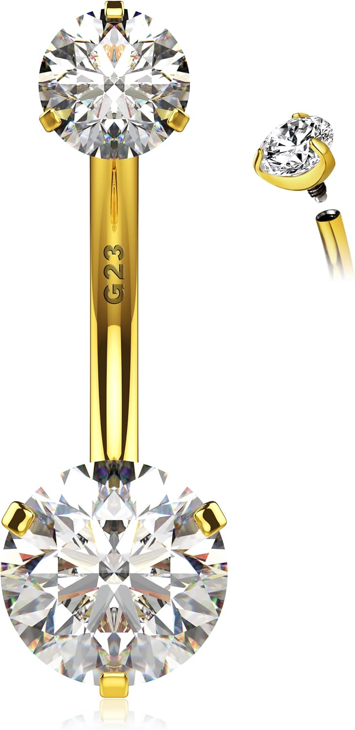 Internally Threaded Belly Button Ring G23 Implant Grade Titanium with Grade AAAAA Cubic Zirconia - 14g Belly Ring Piercing Jewelry Internal Thread - Bellybutton Rings 14 Gauge Navel Jewelry For Women