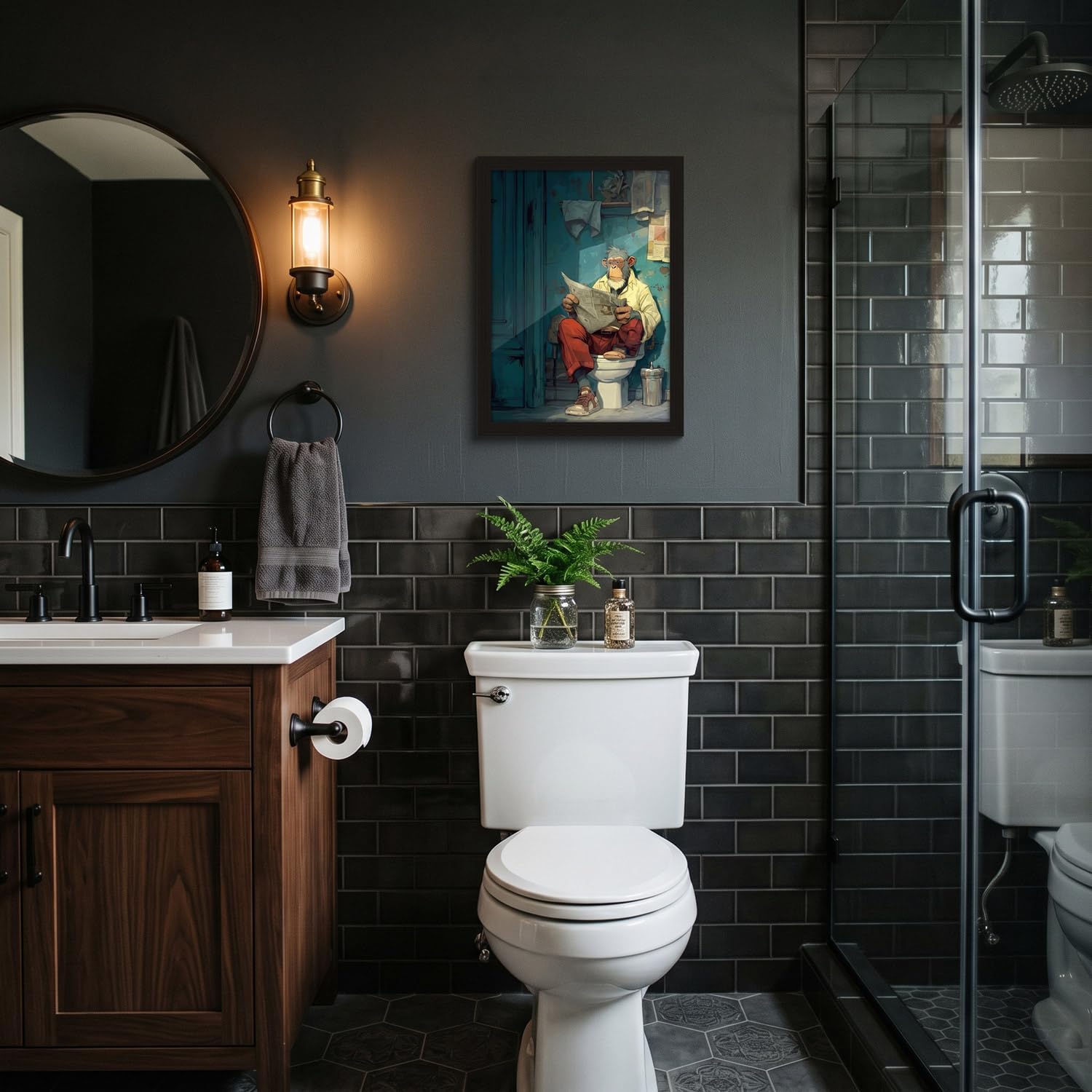 Framed Fun Bathroom Wall Art: Monkey Reading Newspaper Bathroom Poster Canvas Print Animal Pictures Gallery Style Toilet Bathroom Home Decor 12x16 Inches Ready To Hang image 4