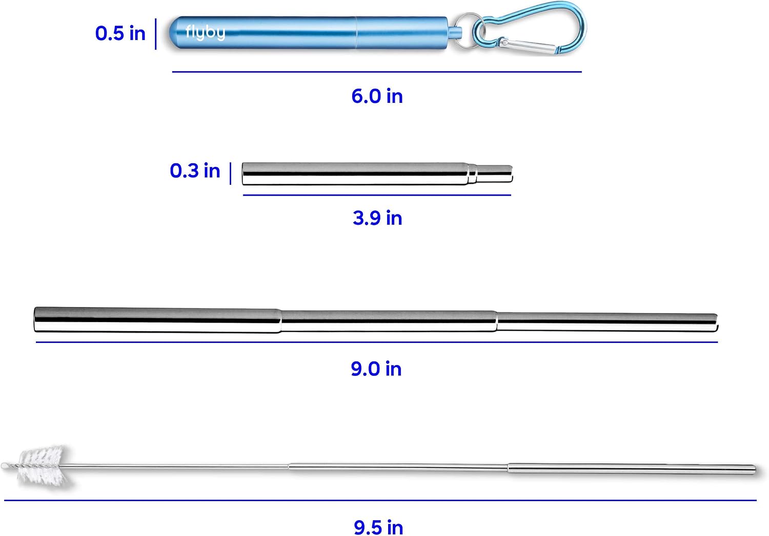 Flyby Portable Reusable Drinking Straws | Collapsible & Foldable Telescopic Stainless Steel Metal Straw Dispenser | Final Aluminum Case, Long Cleaning Brush, Silicone Tip | Light Blue Rainbow | 4-Pack