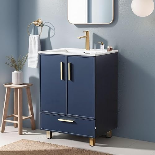 Mogiyin Home tocador de 24 pulgadas, tocador de baño pequeño, tocador de baño azul con fregadero, juego de tocador de baño de madera con fregadero