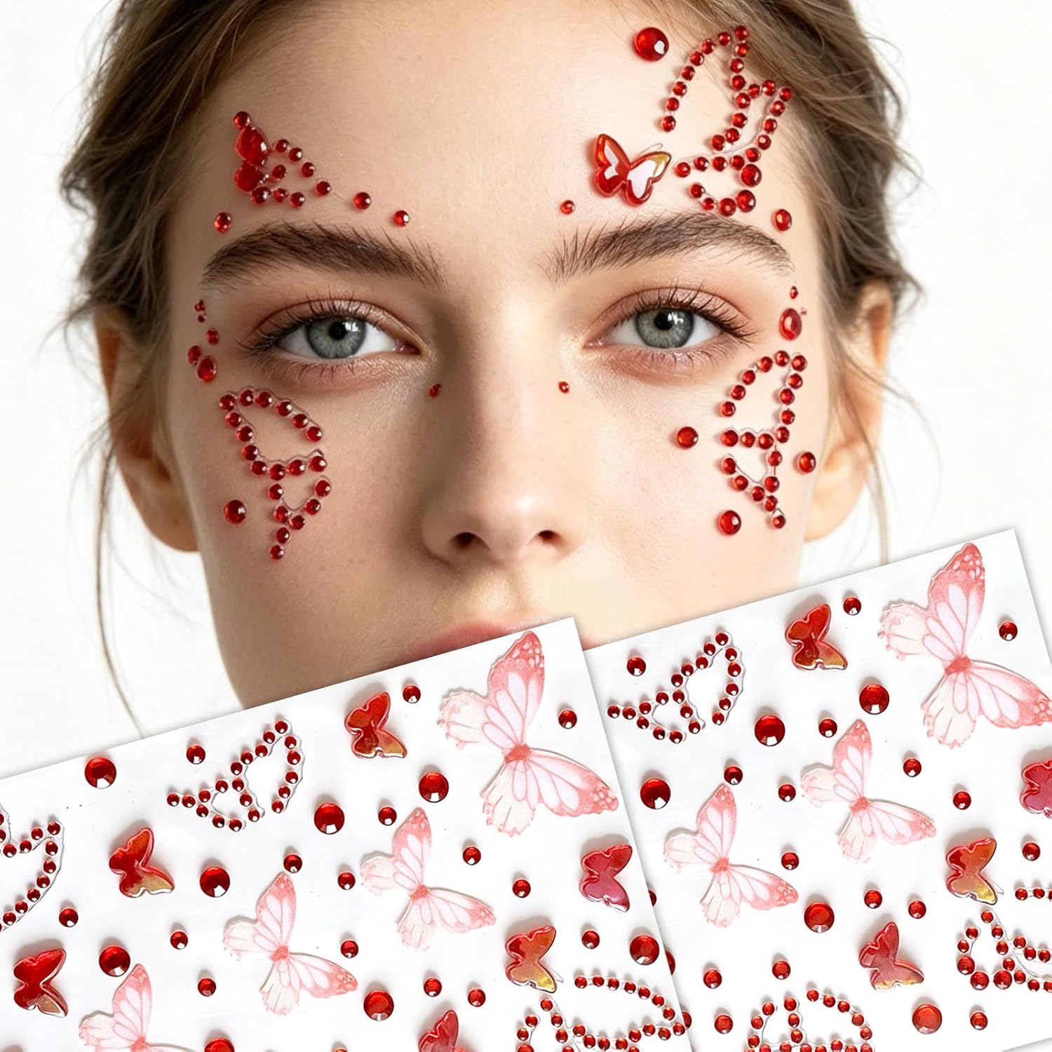 Red Butterfly Face Gems Stickers, Self-Adhesive Face Jewels Rhinestones, Eye Body Face Stick on Gems for Festival Rave Valentine's Day Halloween Party Makeup, Crystal Face Decals for Women Girls