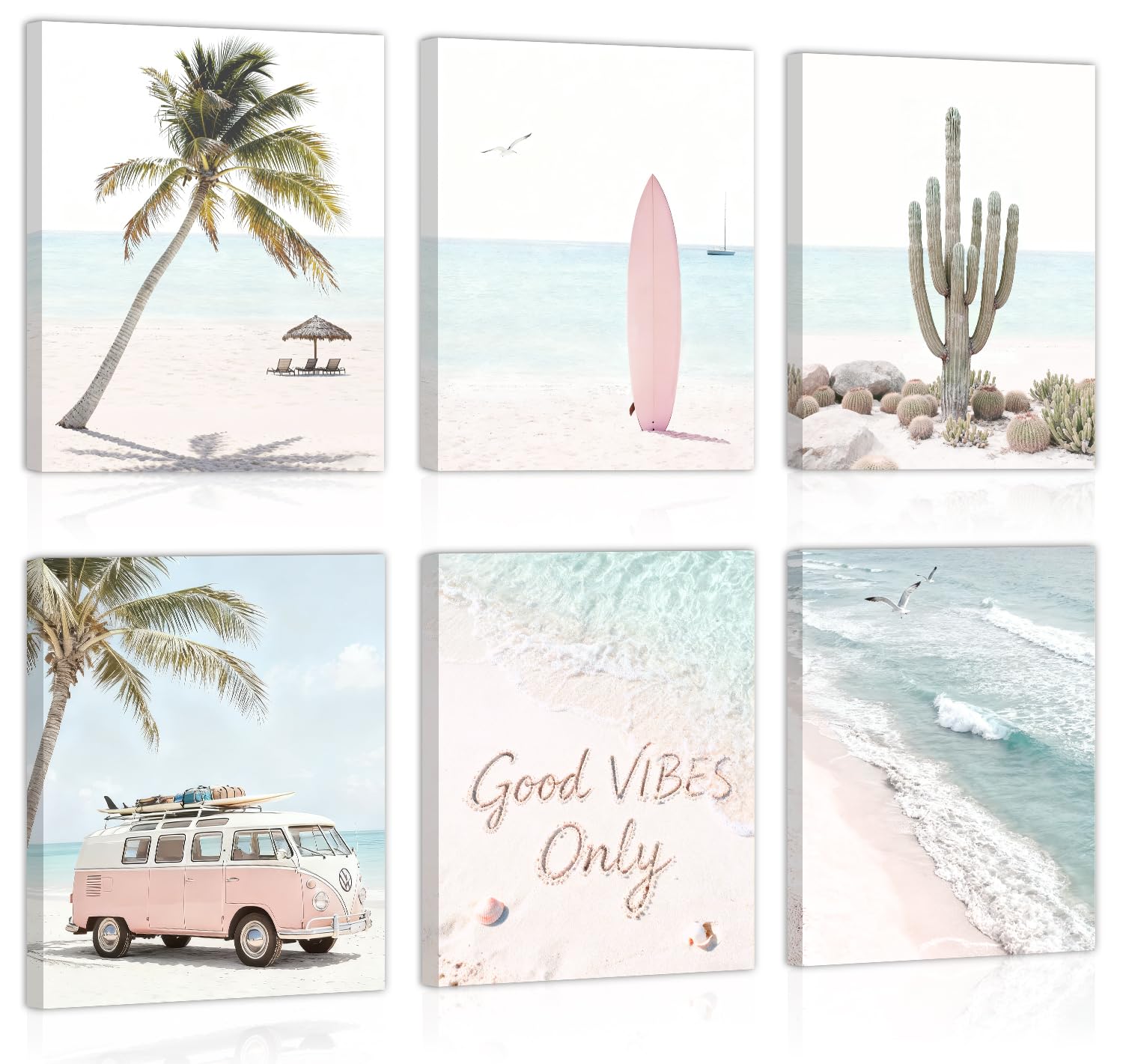 CHDITB Beach Framed Canvas Wall Art, Coastal Palm Tree Artwork, Tropical Ocean Wall Decor, Boho Surfboard Poster, Pink Aesthetic Summer wave Art Prints For Living Room Seaside Cottage Decor 8”X10”x6