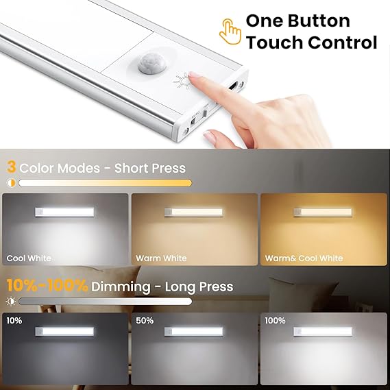 TNMOO 84LED Bewegingssensorlampen Voor Binnen, 2 Stuks Keukenverlichting Onder Kast, Dimbare Kastverlichting Met 3 Modi, Magnetische Kledingkastverlichting Oplaadbaar Voor Kast, Kast, Keuken, Trap, Hal photo 3