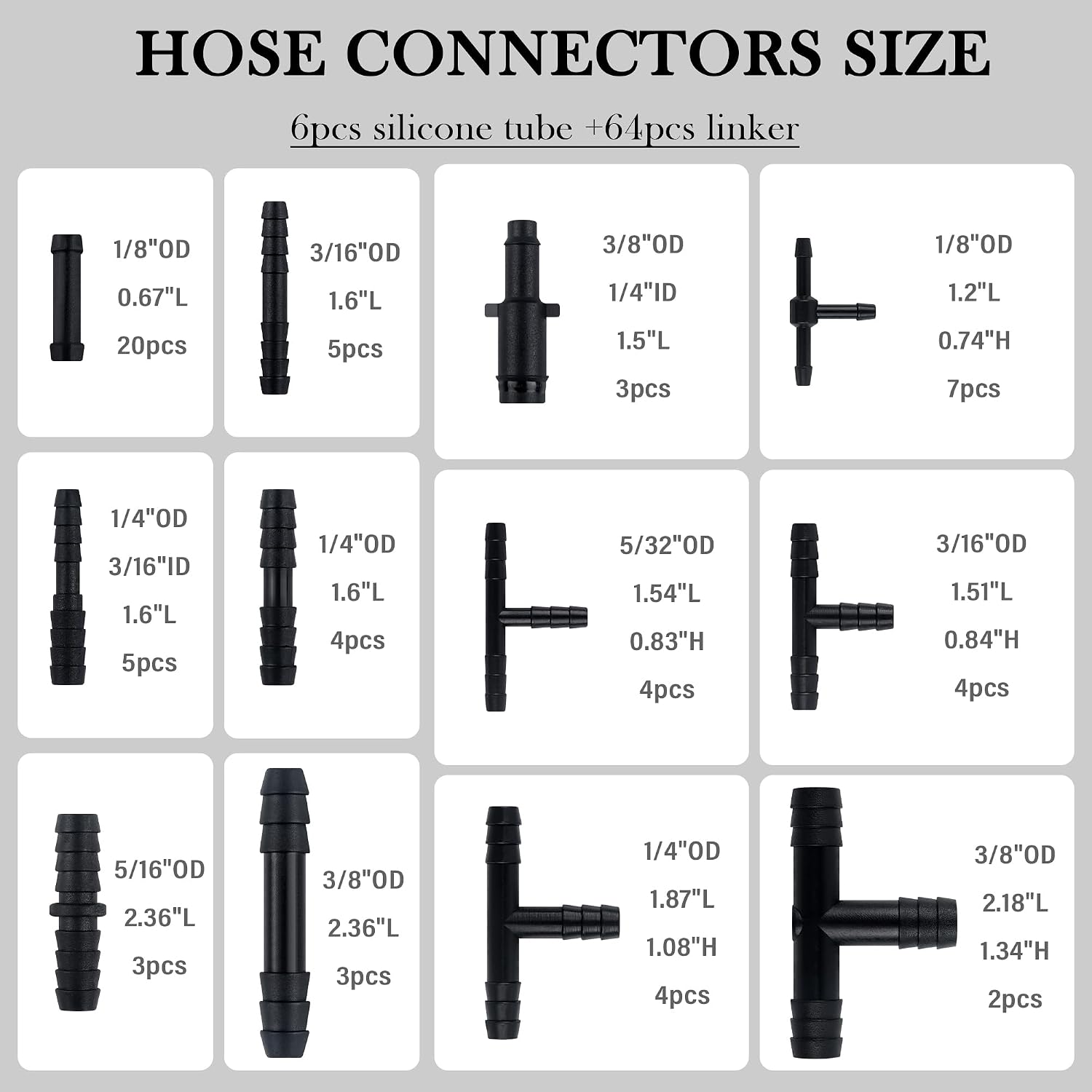 6PCS 4.9Ft Lengthen Vacuum Hose,ID 1/8" 5/32" 3/16" 1/4" 5/16" 3/8" Silicone Vacuum Lines Automotive Kit with 64PCS Vacuum Line Connectors,Heat-resistant Vacuum Tube for Air/Water Transportation