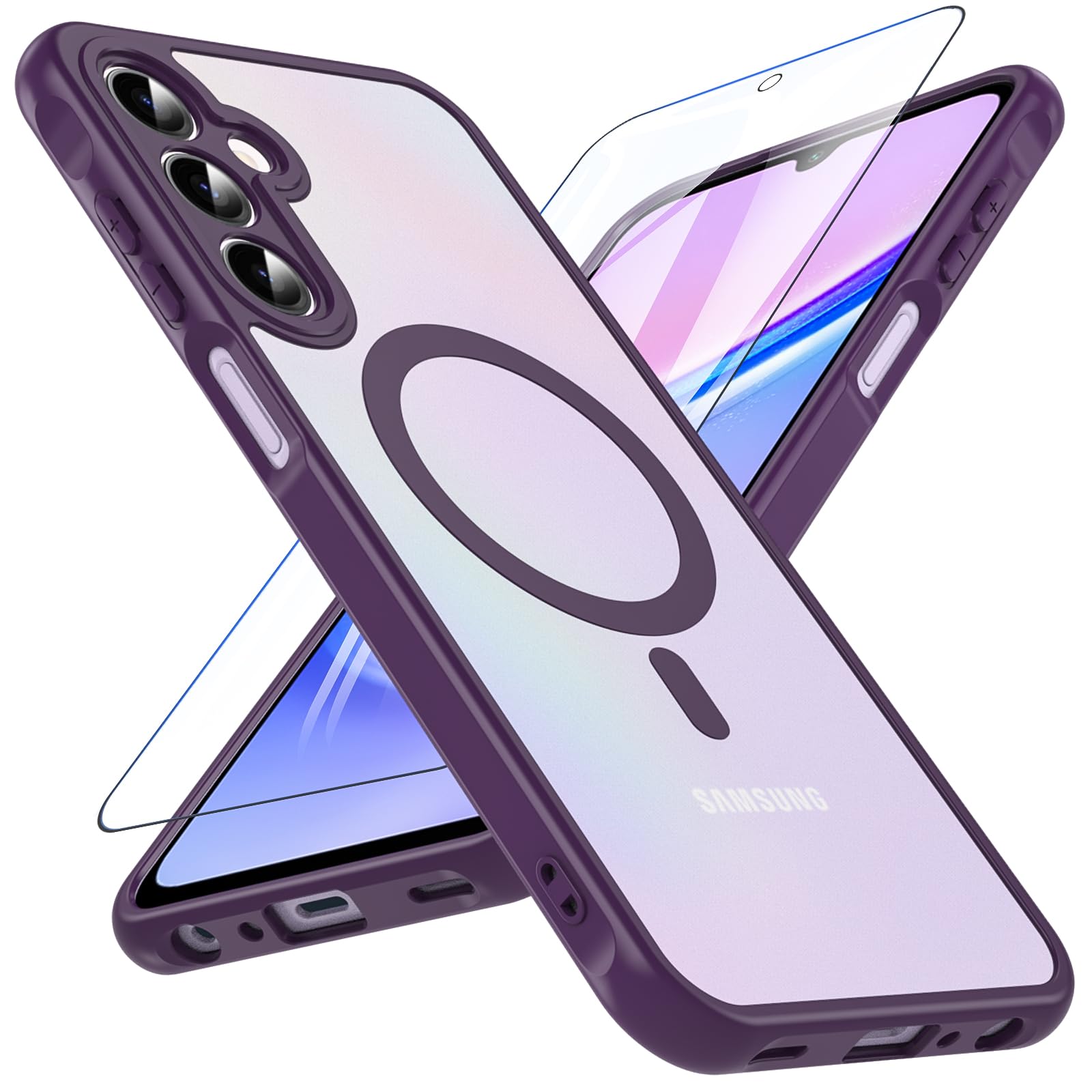 OWKEY Galaxy A15 5G Phone Case,Magnetic Samsung Galaxy A15 5G Case for Magsafe with Tempered Glass Screen Protector,[Shockproof Military] Translucent Back Slim Bumper Cover Samsung A15 5G Case, Purple