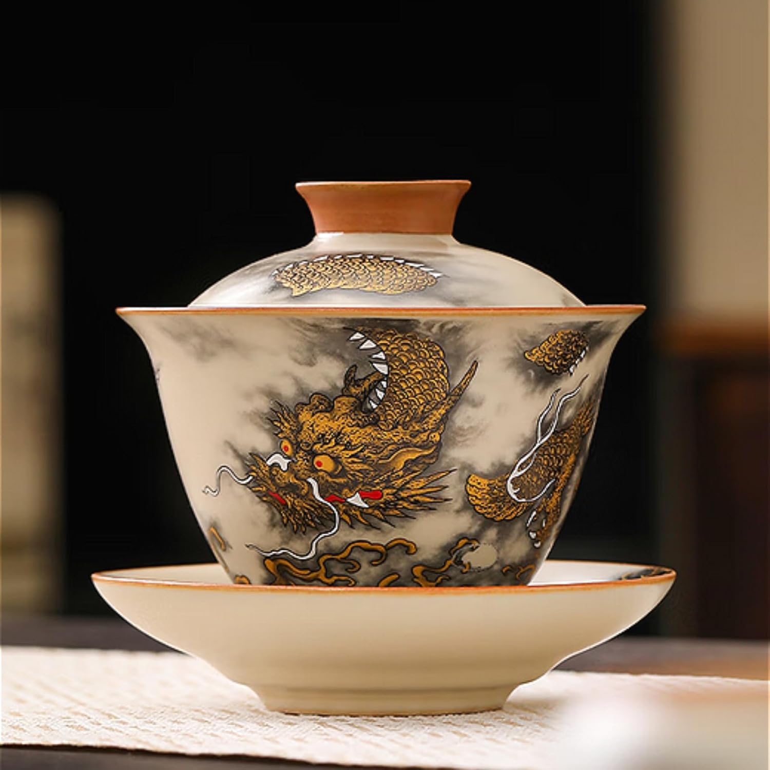 Ruyao Ceramics Gaiwan Teacup,180ml 6.2oz, Traditional Chinese Painting Kungfu Tea Set