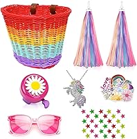 Vista 8 de Cesta de bicicleta para manillar para niñas con collar de unicornio, campana, serpentinas, cuentas de rueda, lentes de sol, calcomanías, juego