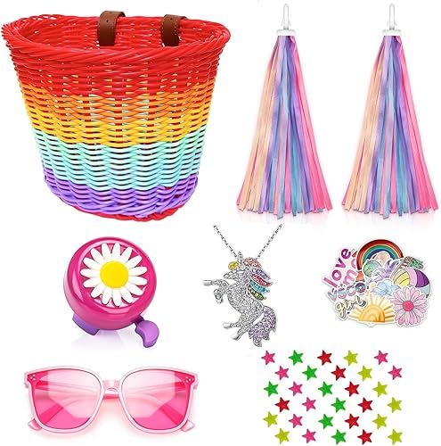 Miniatura 6 de Cesta de bicicleta para niñas, cesta de bicicleta para manillar con collar de unicornio, campana de bicicleta, serpentinas, cuentas de rueda de