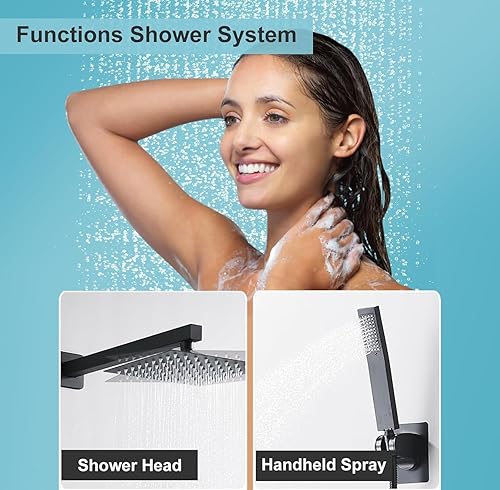 Miniatura 2 de RTTWYYUU Juego de cabezal de ducha y mango negro mate de 8 pulgadas, cabezal de ducha de lluvia con 2 ganchos, juego de ducha de lluvia de lujo,