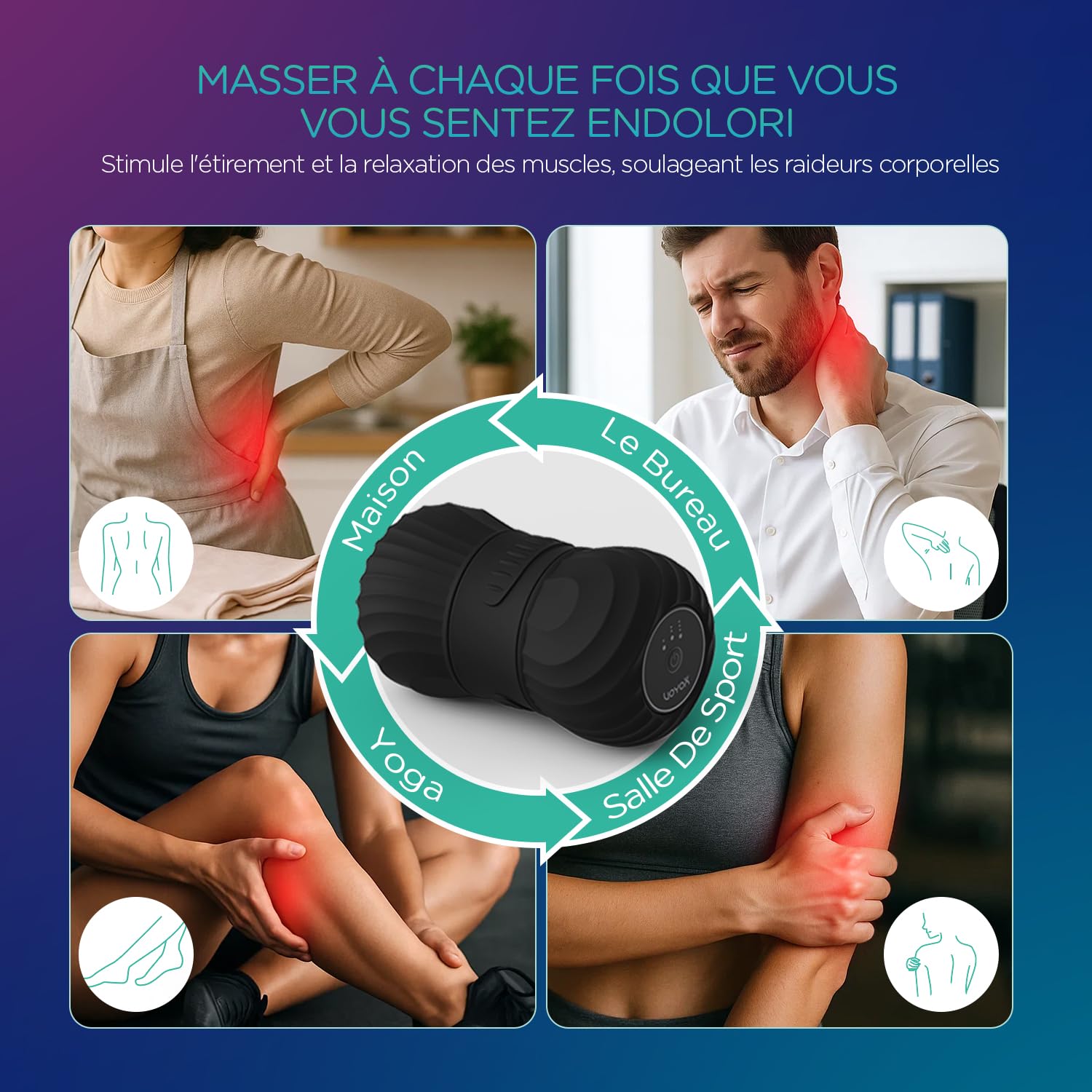 VOYOR-HEALTH Vibrant D'arachide Boule de Massage, Rouleau Silicone Électrique Rechargeable avec 4 Modes, Pour le Yoga, le Fitness, la Relaxation Musculaire du Corps, Ergonomique Portable MB300, Noir