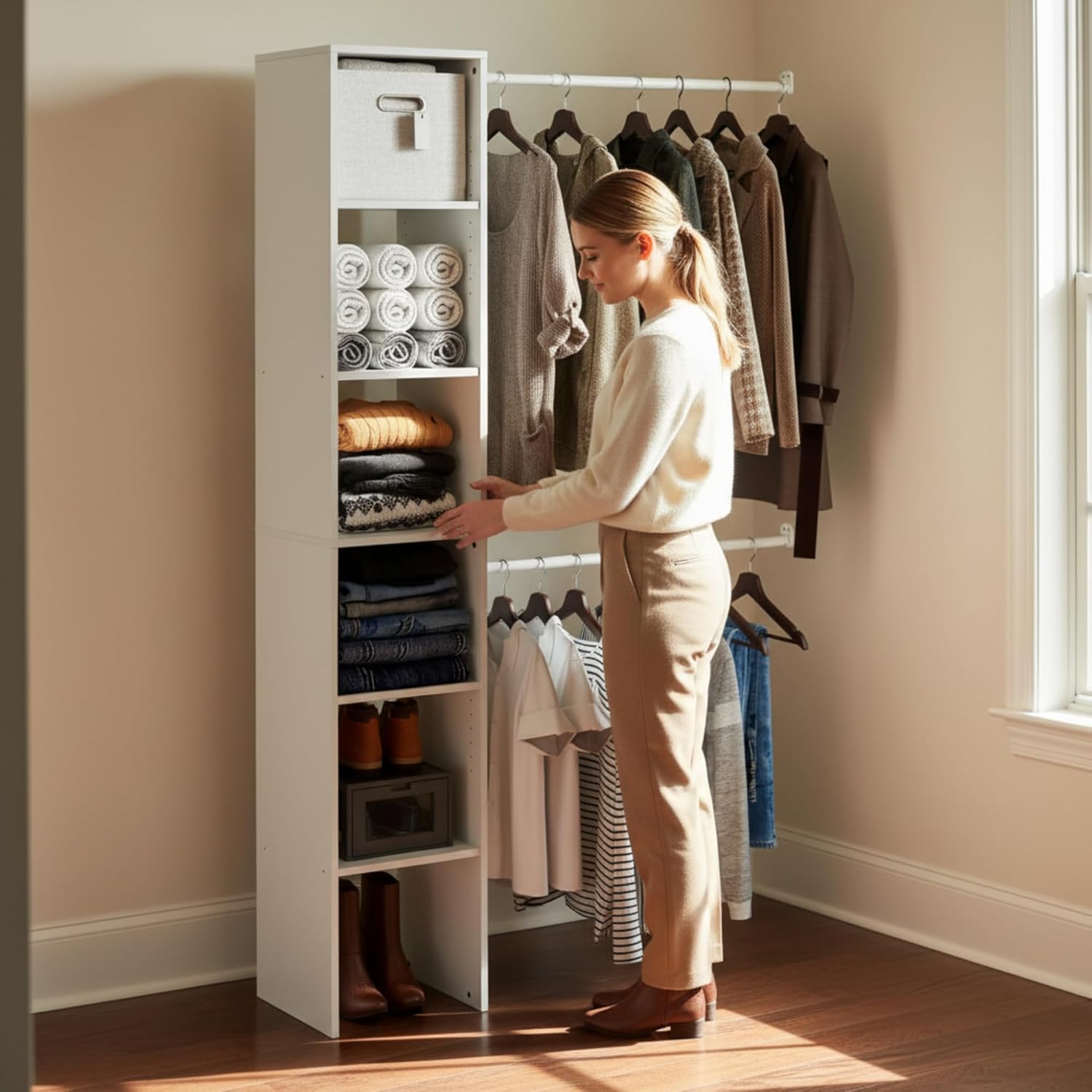 Fano Closet Storage Organizer Shelf Tower with 2 Adjustable Hanging Bars & 5 Shelves, White