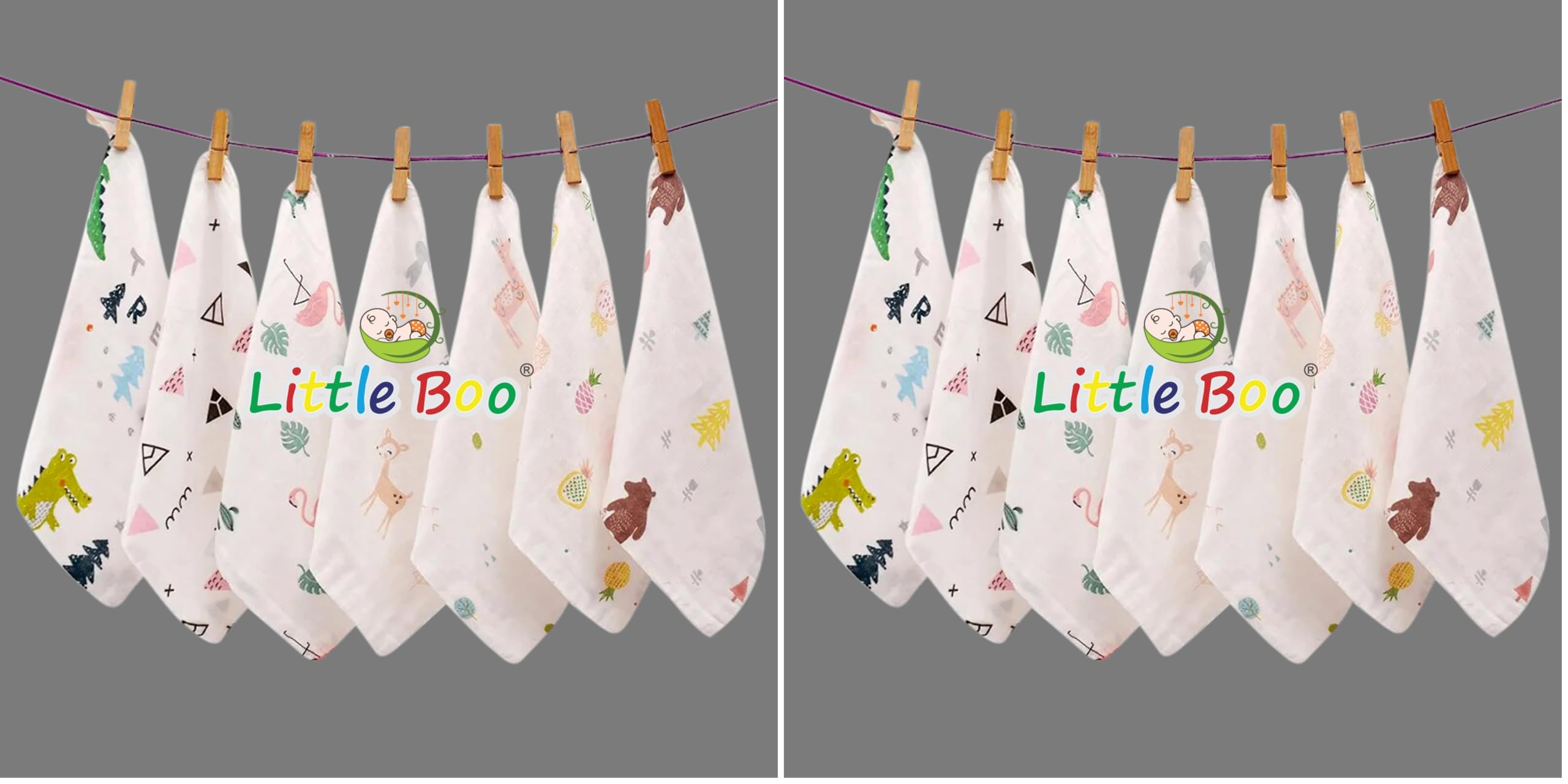Little Boo Muslin Face Hankies/Towels for Newborn Baby Extra Soft Reusable Napkins for Infants Toddlers/Kids (Pack of 10) White Printed.-image-37