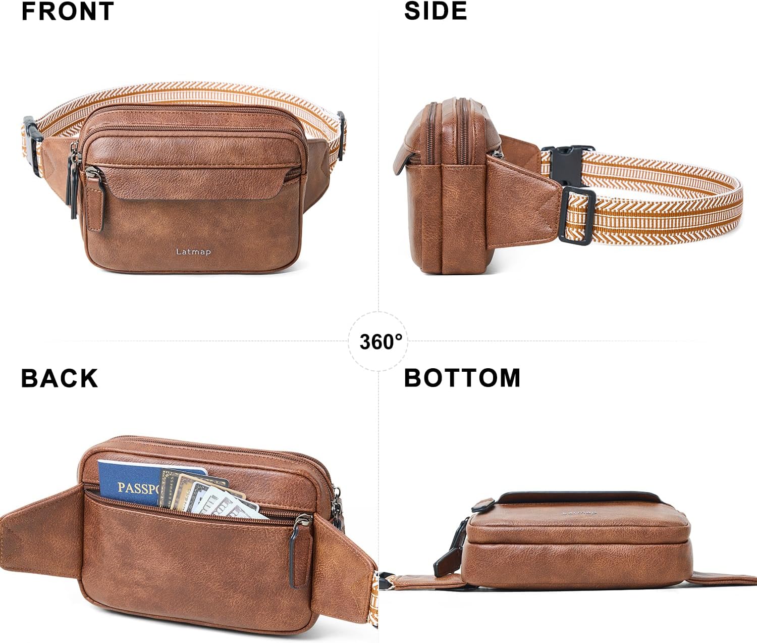 LATMAP 3L Fanny Packs for Women Cross Body Bag Vegan Leather Chest Belt Bag Fashion Waist Pack Small Bum Bag Crossbody for Travel Running Workout, Brown