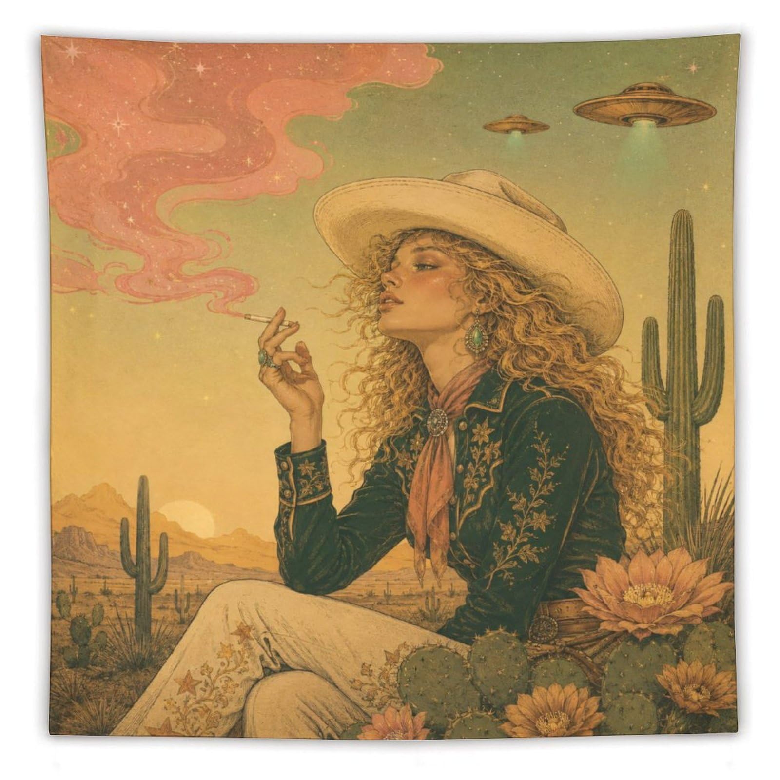W7C8U2X3 UFO Cowgirl Desert Sunset Wall Tapestry, Surrealist, Room Divider