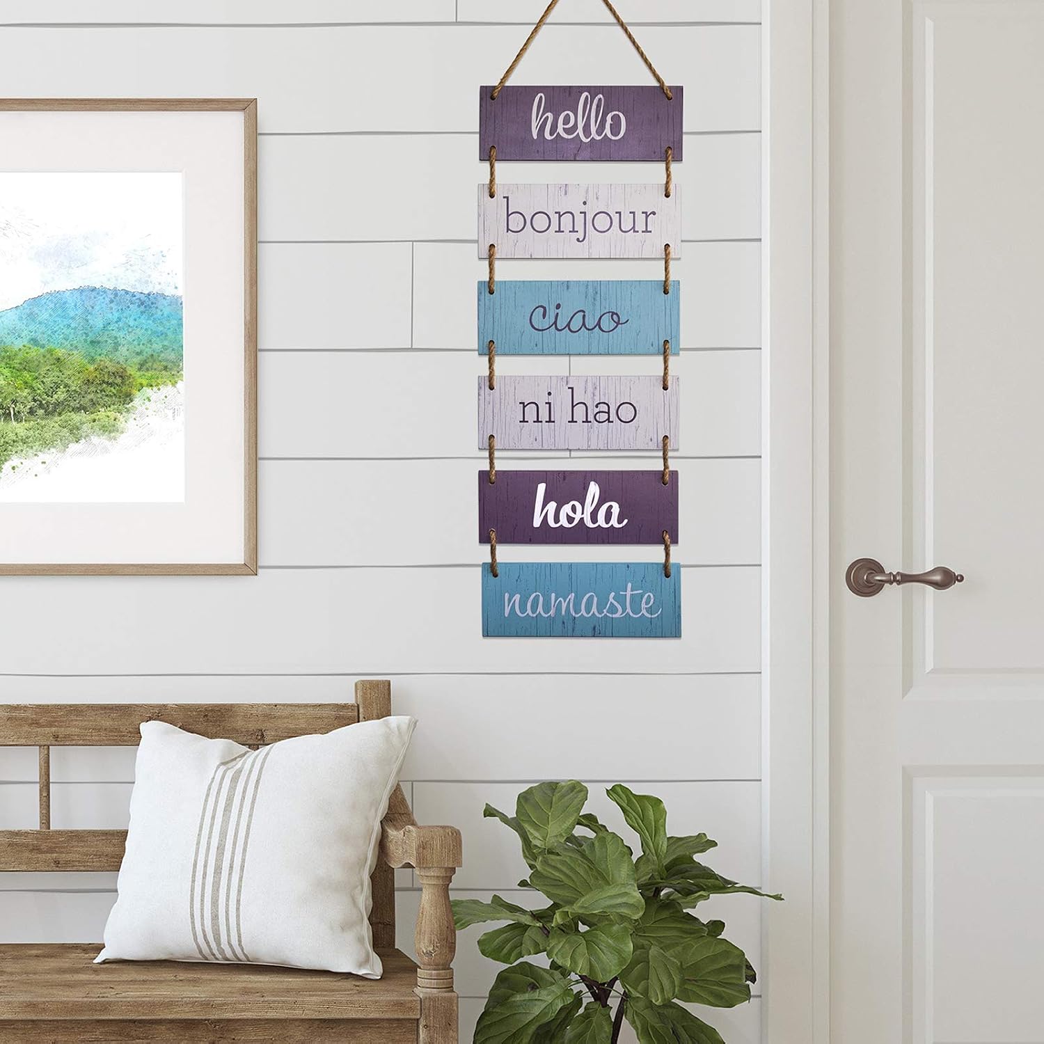 EXCELLO GLOBAL PRODUCTS Large Hanging Wall Sign: Rustic Wooden Decor (Hello, Bonjour, Ciao, Ni Hao, Hola, Namaste) Hanging Wood Wall Decoration (11.75" x 32")