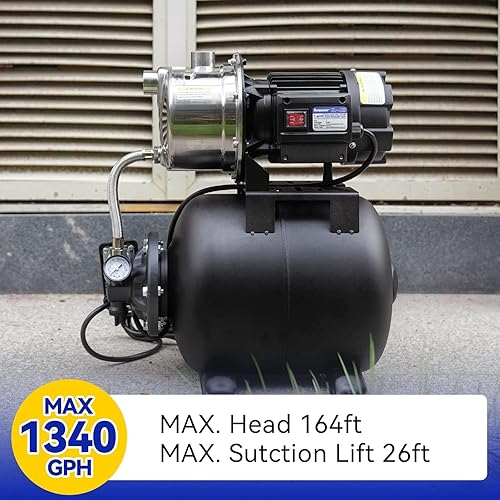 Miniatura 3 de Acquaer Bomba de pozo poco profundo de 1.6 HP con tanque de presión, acero inoxidable, riego de 1320 GPH 115V, bomba automática de chorro de agua