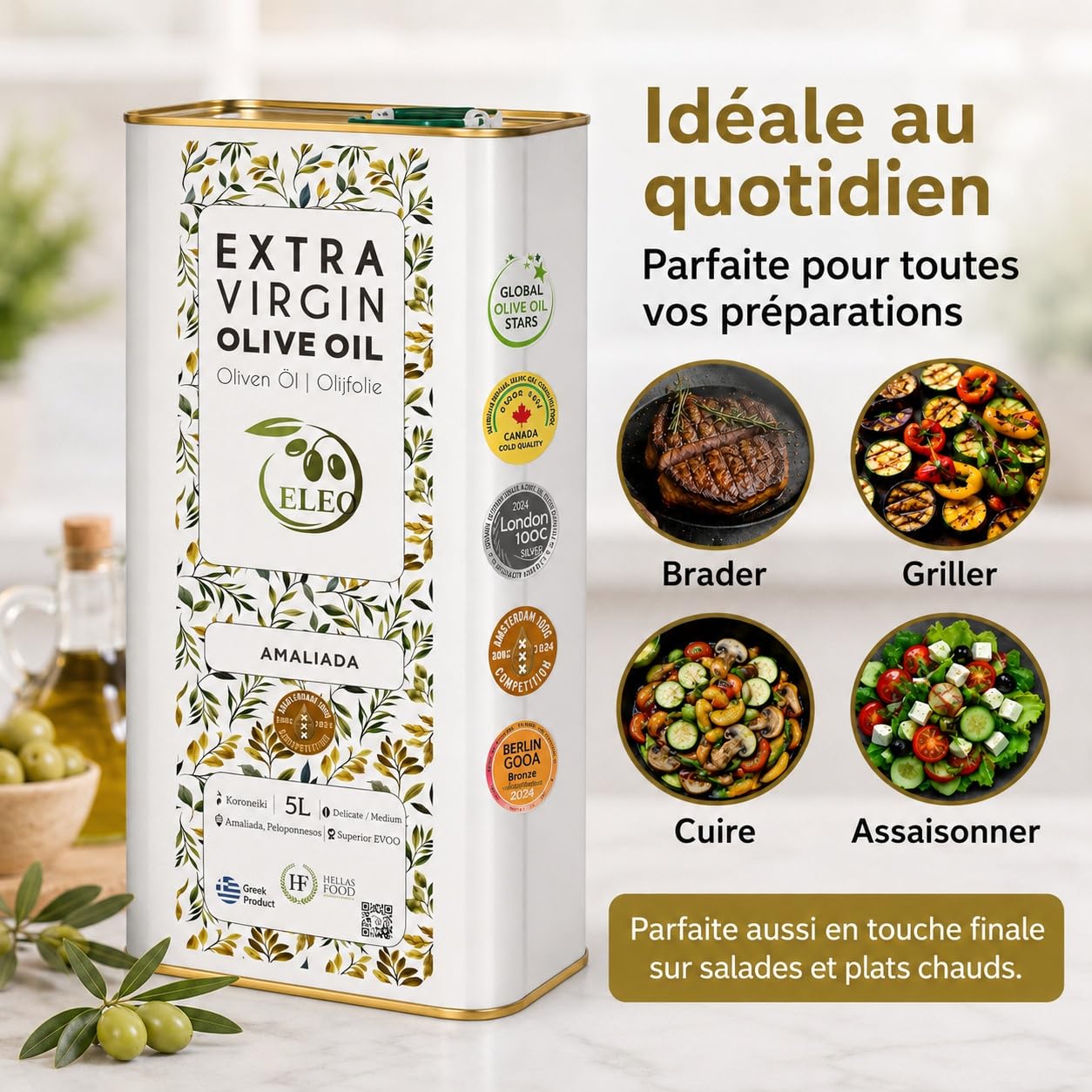 ELEO Amaliada - Huile d’Olive Bidon 5L Extra Viege - Pressée à Froid - 100% Olives Grecques Koroneiki - Qualité Supérieure - Riche en Antioxydants - Lauréat de Médailles Internationales