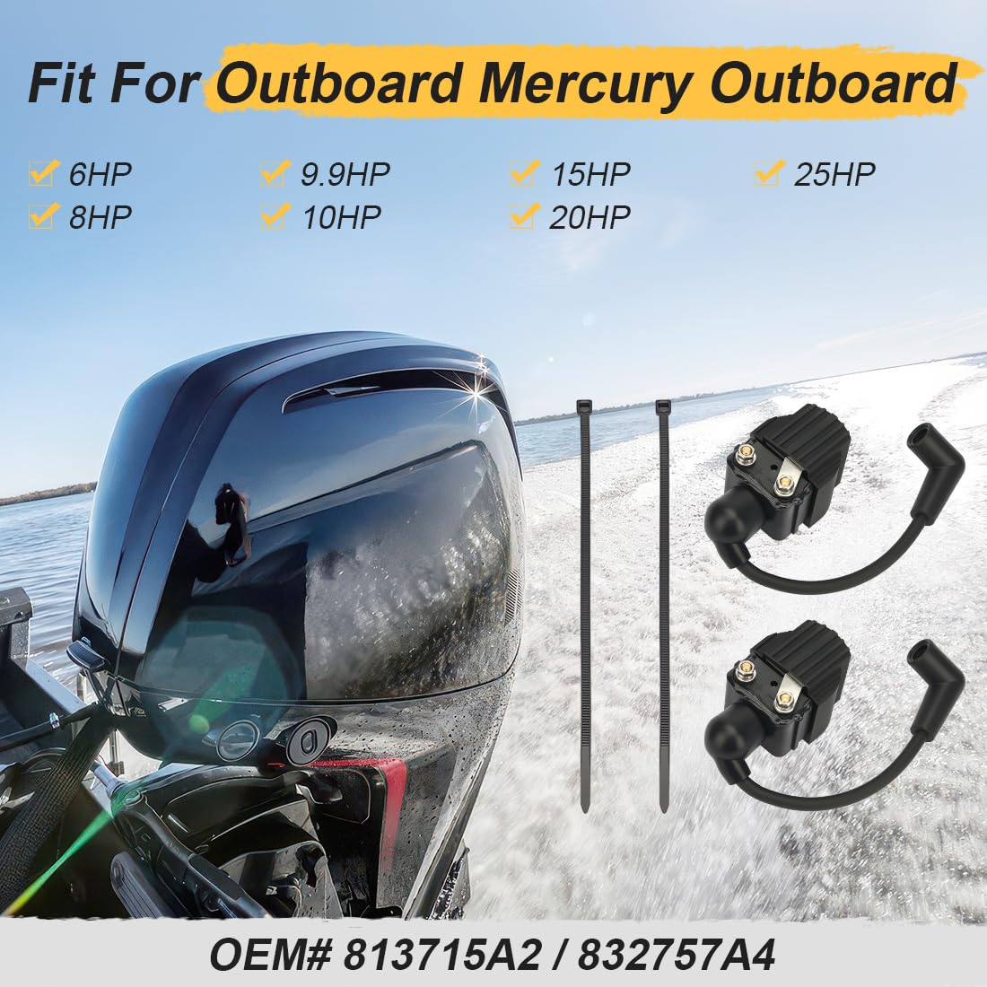 Kit Bobines d’Allumage avec Câbles pour Moteur Hors-Bord Mercury 6HP 8HP 9.9HP 10HP 15HP 20HP 25HP 813715A2 832757A4 Bobine d’Allumage Marine