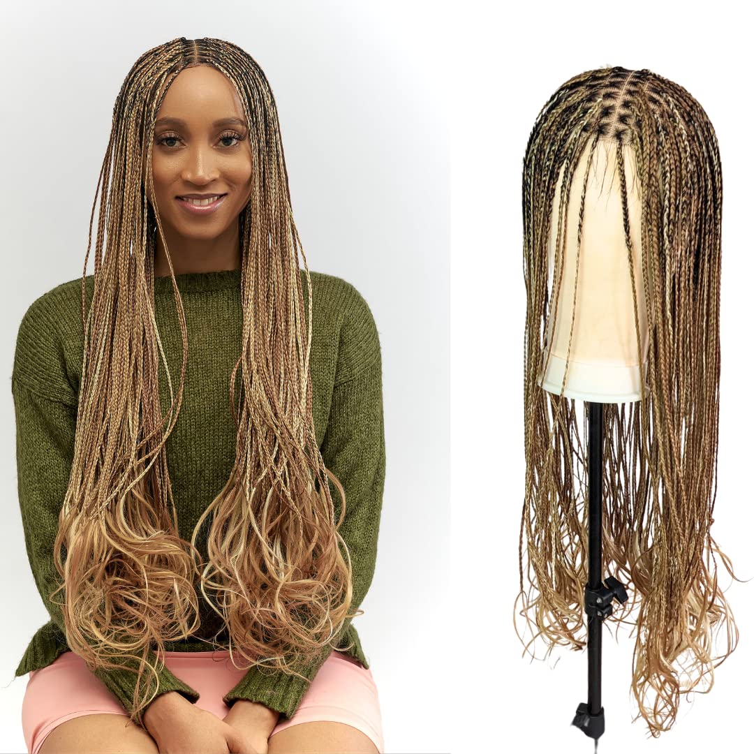 28" Full 360 HD Transparent Lace Front Knotless Braided French Curl Wig with Baby Hair and curly tips - Synthetic hand-made box braids wig for black women