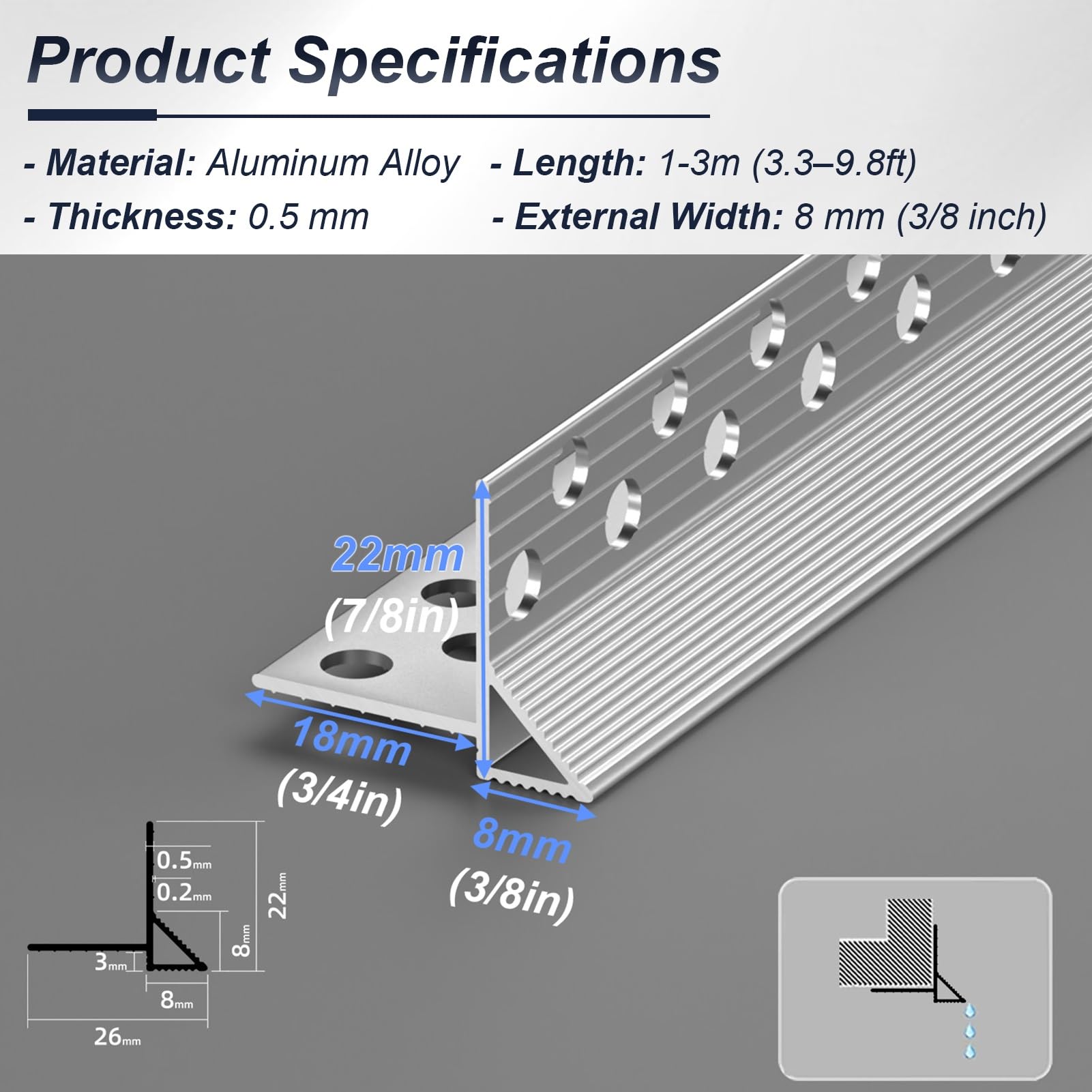 Tropfkantenprofil Feuchtigkeitsbeständiges Regenabweisprofil Aus Aluminium – Schutz für Wände und Dachüberstände; Tropfkantenprofil für Terrassen und Balkone(W0.4in/10mm,L9ft/2.7m)