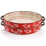 2 Pack Ceramic Pie Pan, 9 Inch Round Baking Dish with Double Handle, 28 Ounce Deep Quiche Plate for Kitchen, Cooking, Roasting Lasagna (Sakura, Red)