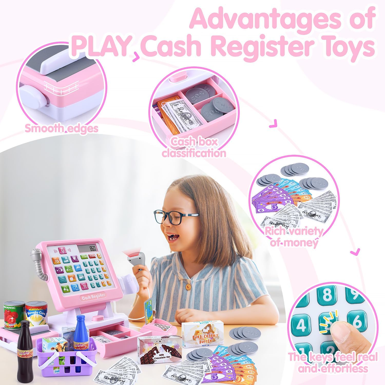 PLAY Kids Cash Register Toy - Pretend Play Calculator Register Toys with Microphone/Conveyors/Play Money/Scanner/Credit Card/Cans/Drink, 3+ Toddler Develops Early Math Skills Learning Toys