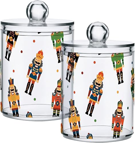 Paquete de 2 tarros de boticario para baño, cascanueces de Navidad, dispensador de plástico transparente con tapa para bolas de algodón, hisopos de