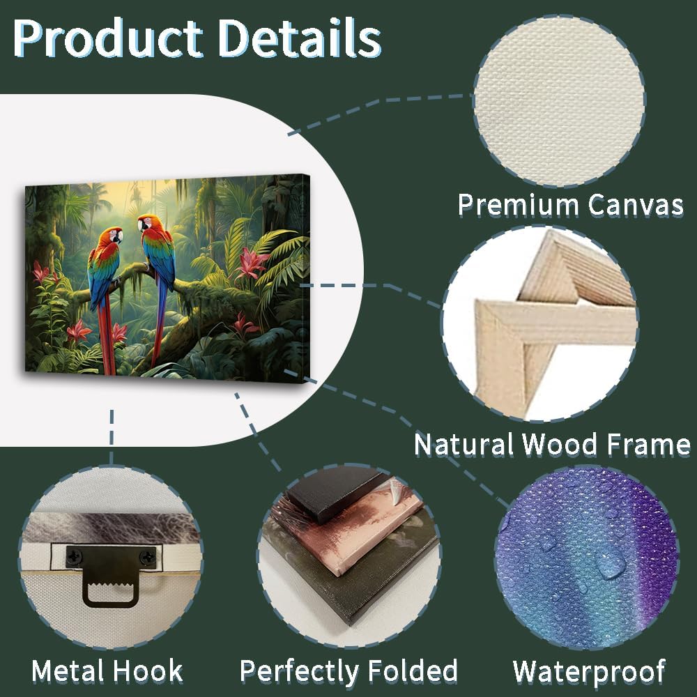 ZHOUWALLPIC Tropical Rain Forest Canvas Wall Art Colorful Parrot Paintings Birds Artwork Picture Prints Bathroom Decor Framed(Bird-1,16.00" x 24.00")