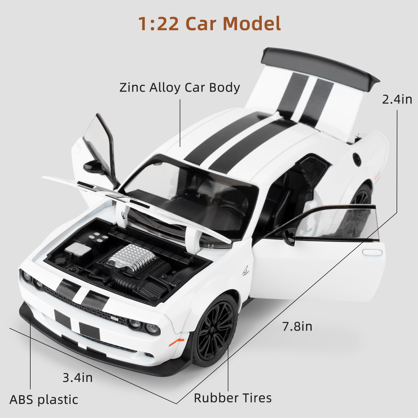 BGHSCA Compatible for Dodge Challenger SRT Hellcat Car Model 1:22 Die-Cast Toy Car with Sound and Light - Image 3