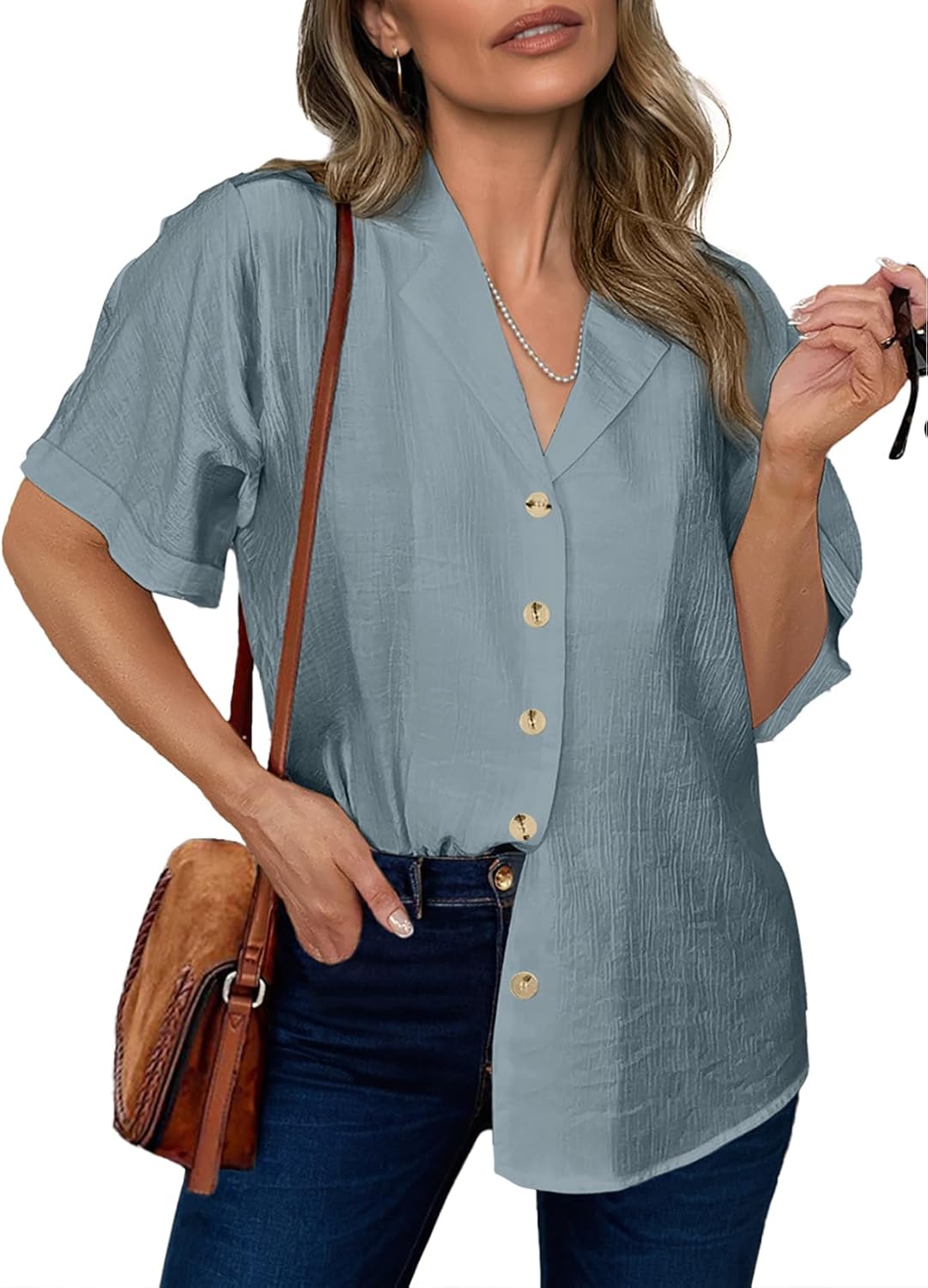 Dokotoo Women's Dressy Casual V Neck Short Sleeve Button Down Shirts Relaxed Work Business Loose Blouses Tops - Image 2
