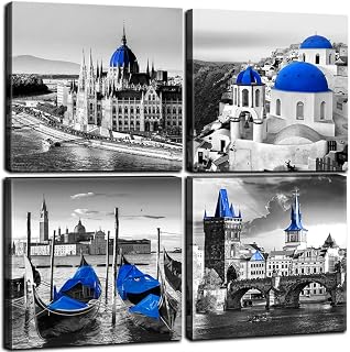 Framed Canvas Wall Art Decor - Black White Mediterranean Blue European Architecture City Town Hungarian Parliament,Santorini Island,Greece,Italy Venice Water Towns Boats Prague,Charles Bridge
