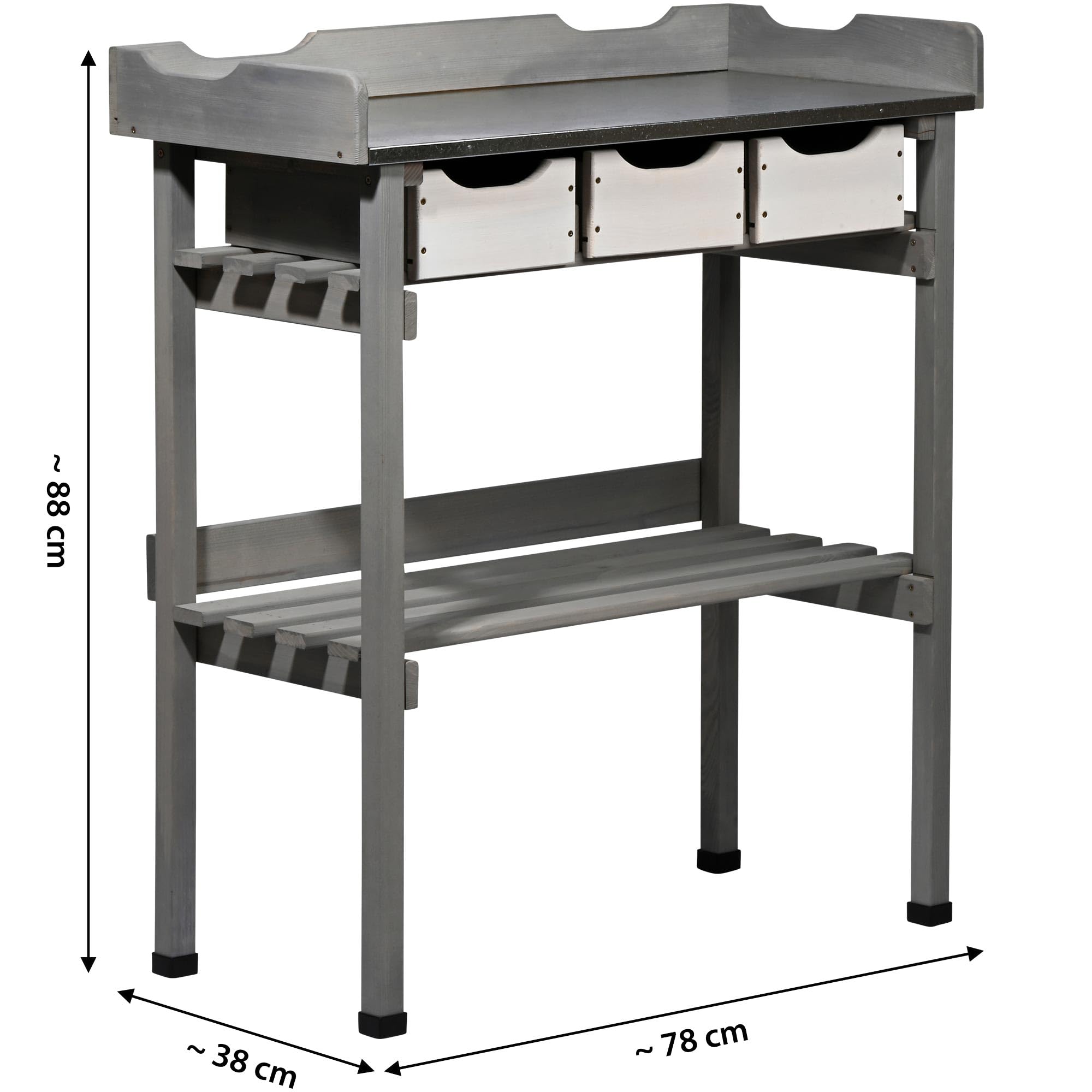 dobar® Tavolo per piante con 3 cassetti e ripiano, in legno massello con tappi di protezione, tavolo da giardino per esterni, con piano di lavoro zincato, 78 x 38 x 88 cm, colore: grigio/bianco